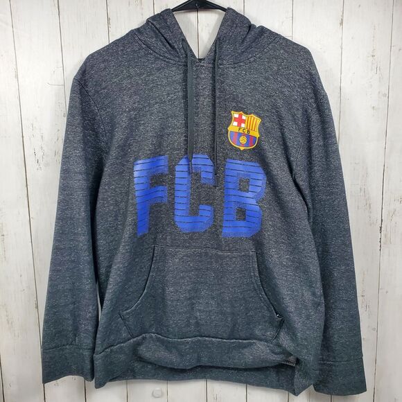 FCB Barcelona Sweatshirt Soccer Long Sleeve Hoodie Lined Mens Size M Medium Grey - Picture 1 of 11